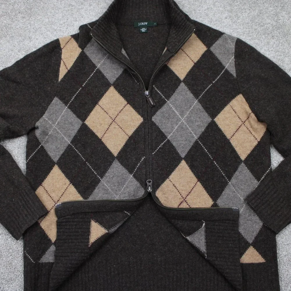 J. Crew Lambswool Sweater Mens Large‎ Brown/Tan Argyle Full Zip L/S Sweatshirt